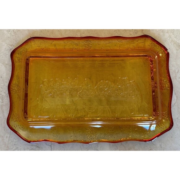 Vintage Tiara Glass Bread Plate Tray The Last Supper Christian Religious Amber - Picture 4 of 4
